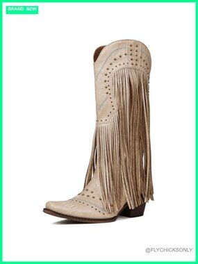 Fringe Studded Knee-High Heeled Boots - Beige